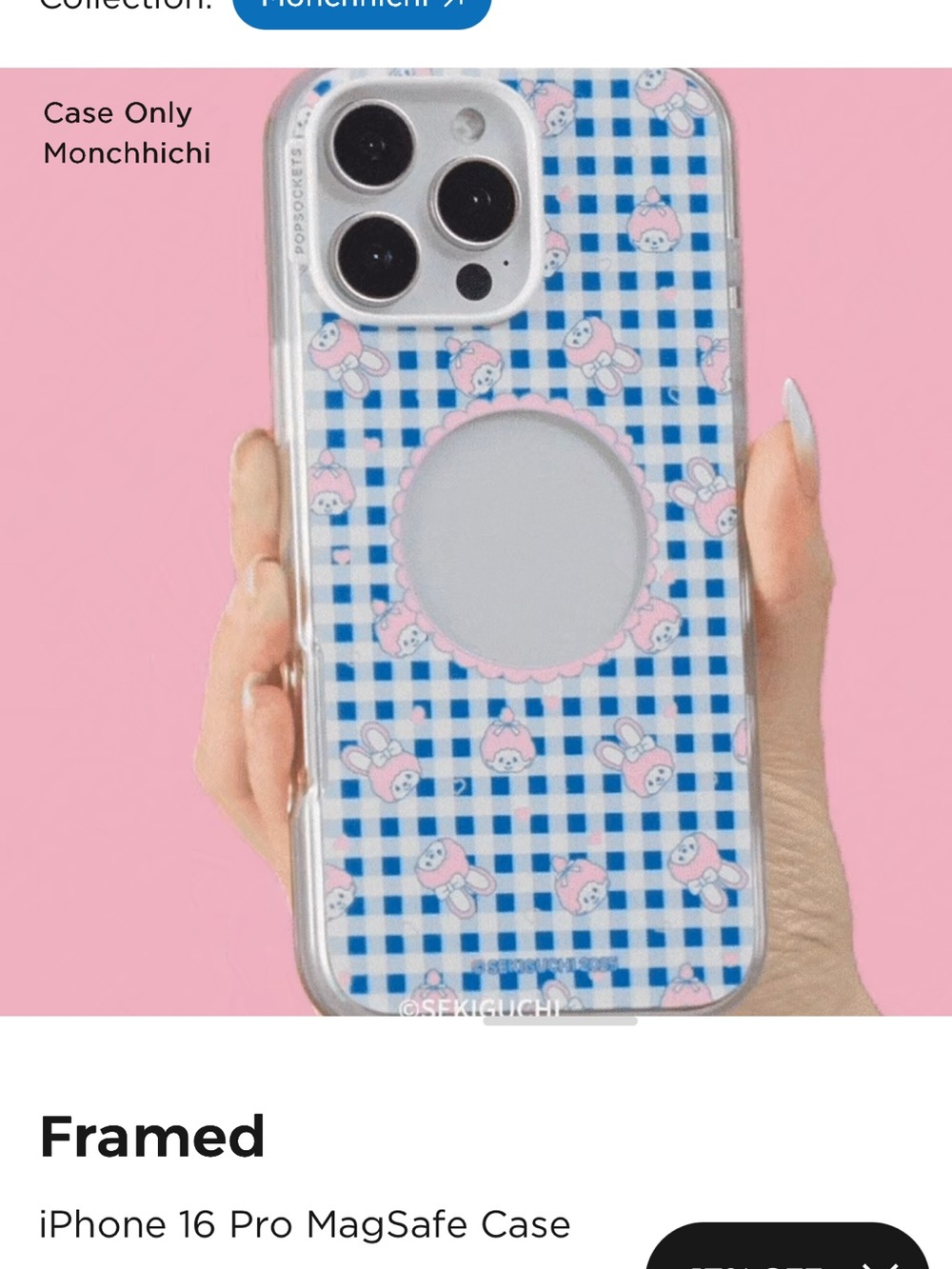 Monchhichi Blue Gingham Pink Character Phone Case with MagSafe pop socket